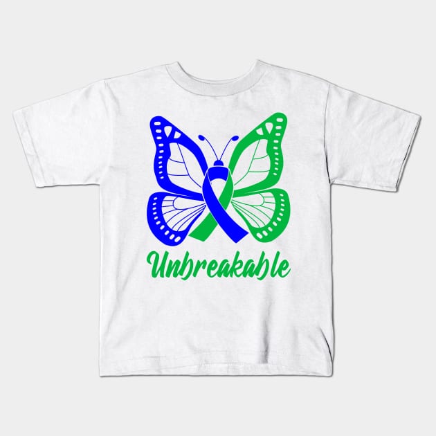 Blue and Green Butterfly Awareness Ribbon Unbreakable Kids T-Shirt by FanaticTee